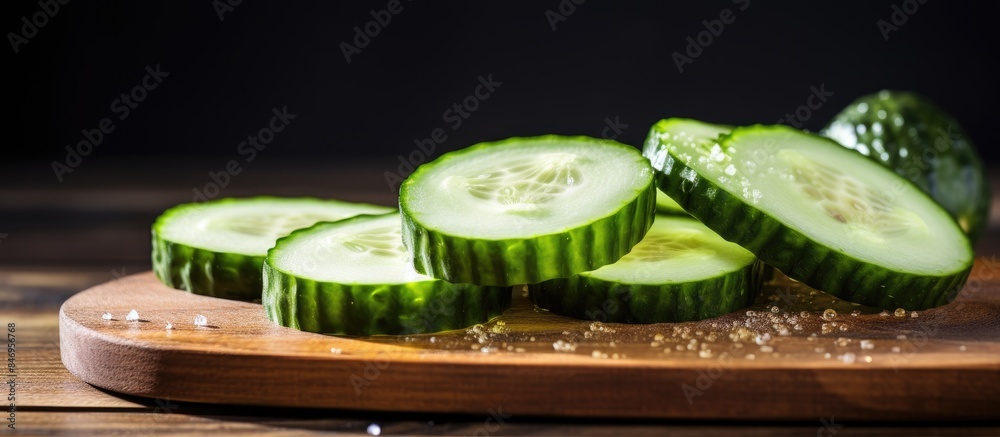 Poster fresh cucumbers cut into slices arranged on a wooden cutting board with a sprinkle of salt on top. w