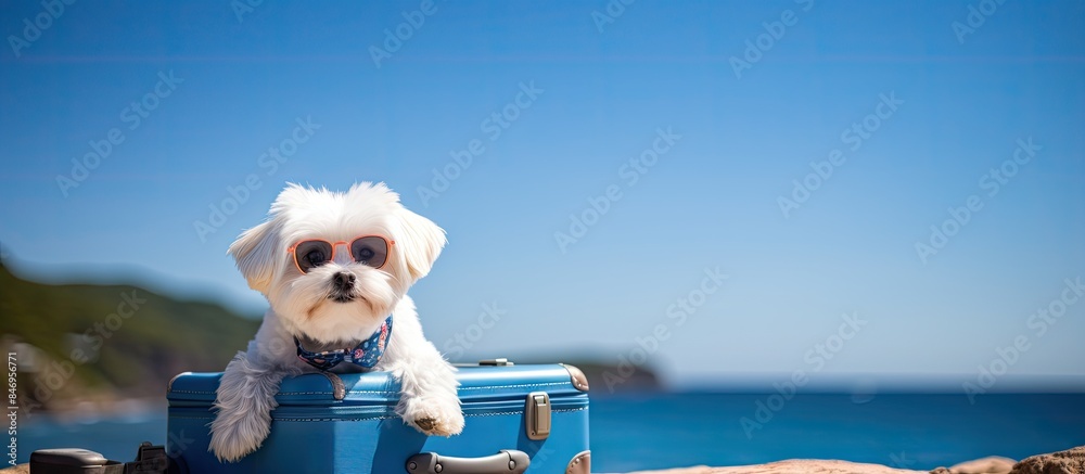 Poster Adorable Maltese pup lounging in sunglasses inside a bag, eager for an upcoming journey. with copy space image. Place for adding text or design