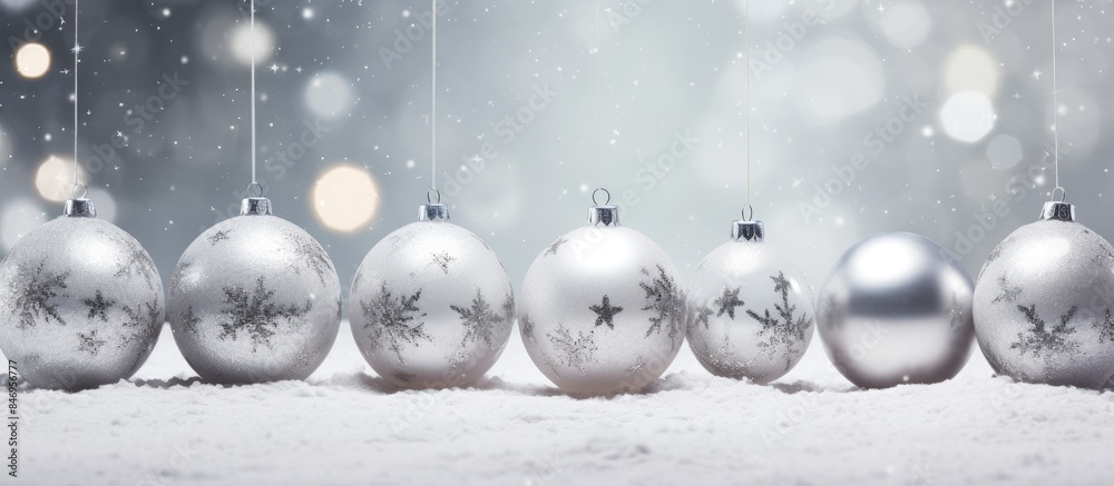 Poster A close-up shot showcasing a line of gleaming silver Christmas baubles placed on a white, snow-covered surface. with copy space image. Place for adding text or design