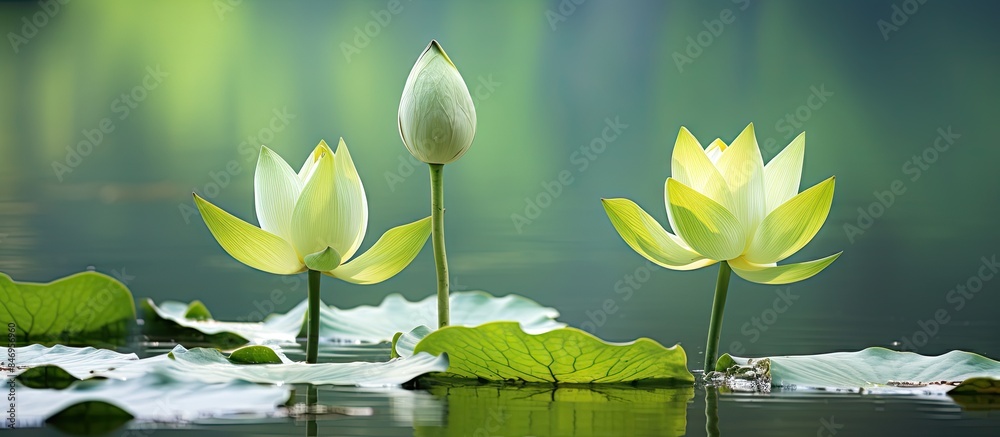 Poster Paired lotus flowers blooming gracefully in a serene aquatic environment. with copy space image. Place for adding text or design