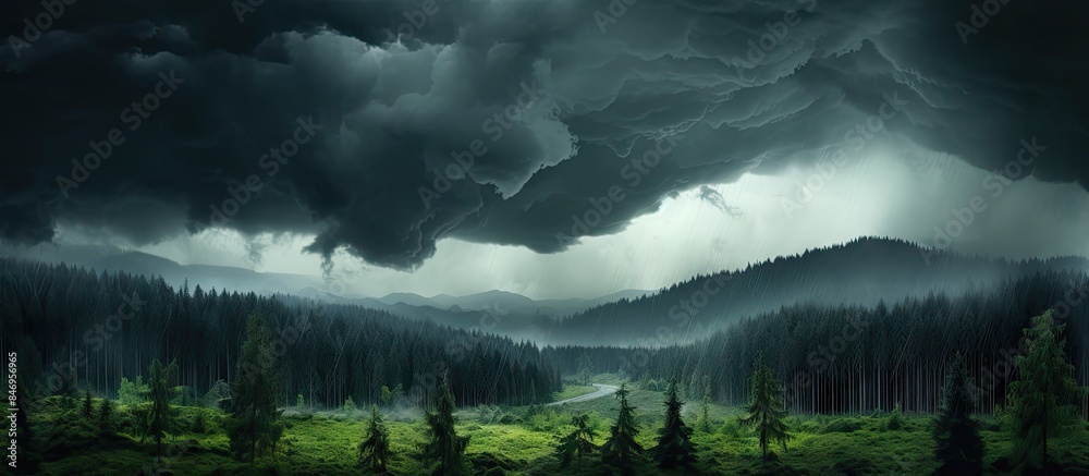 Aufkleber stormy skies create a dramatic scene above a dense green forest. with copy space image. place for ad