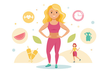 a girl with a sporty body surrounded by elements related to health and fitness. the theme is healthy and active lifestyle