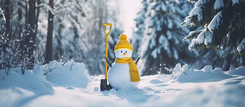 Snowman adorned with yellow scarf, boots, shovel, and construction helmet in a snowy forest setting, evoking a festive and playful holiday spirit with a nod to construction themes