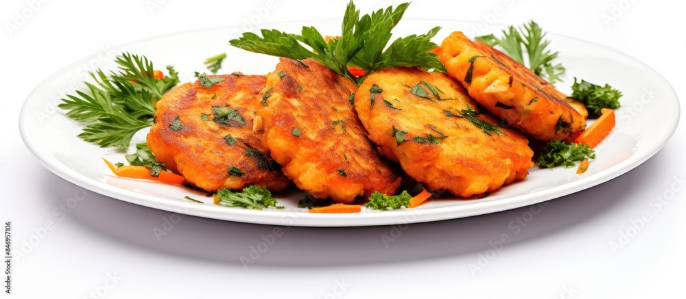 Leinwandbilder A plate contains a variety of cooked meat and assorted vegetables, enticing and colorful. with copy space image. Place for adding text or design
