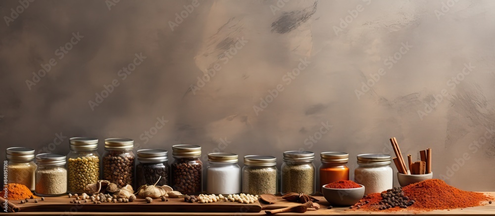 Poster various jars filled with an assortment of spices and seasonings arranged neatly on a kitchen table. 