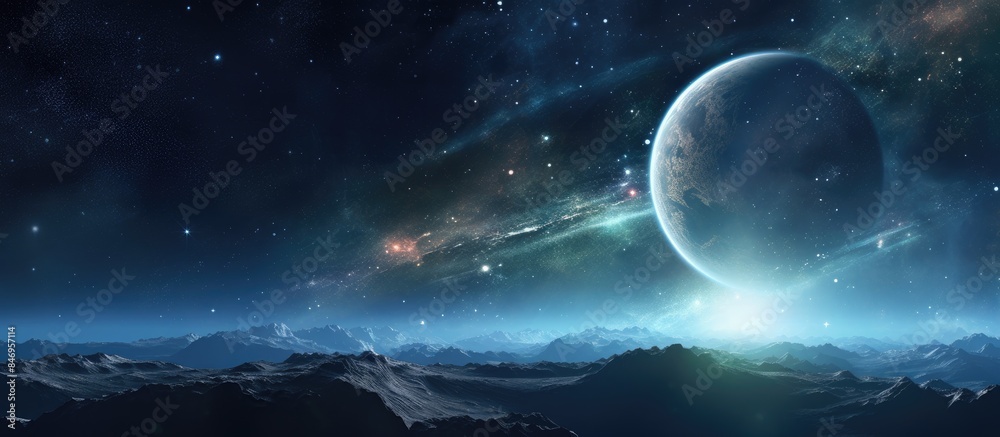 Poster View of distant planets seen from the rocky surface of a mountain range. with copy space image. Place for adding text or design