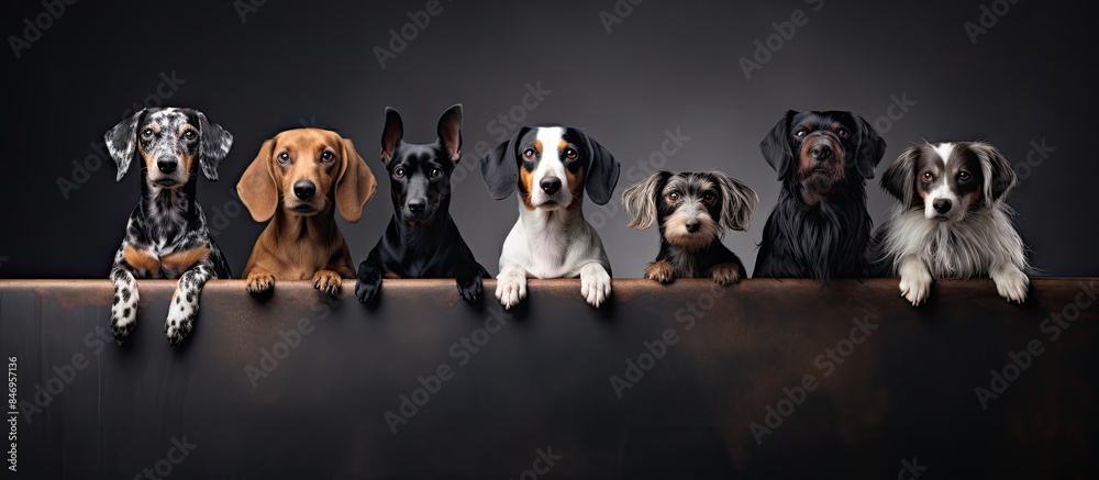 Poster Several pet dogs gathered for a photo session, sitting together on a table with their paws resting on the edge. with copy space image. Place for adding text or design