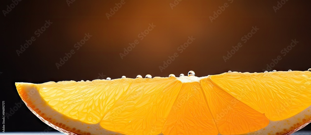 Poster Half of an orange resting on a flat surface with a slice of fresh orange and its peel nearby. with copy space image. Place for adding text or design