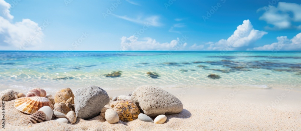 Poster rocks, shells, and corals scattered on sandy tropical beach under the sun. with copy space image. pl