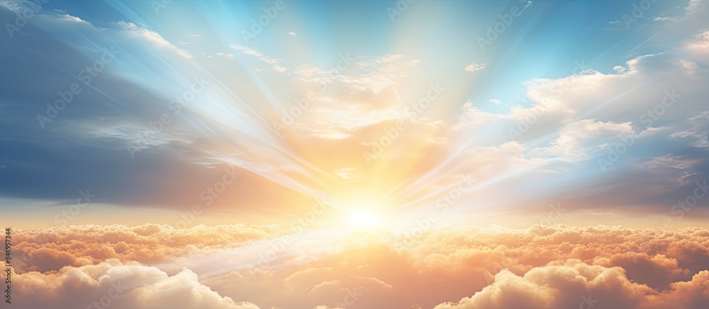 Poster Sunrise scene with fluffy clouds illuminated by bright rays of sunlight. with copy space image. Place for adding text or design