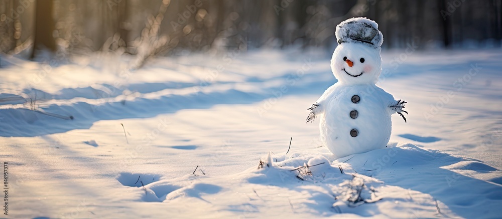 Poster snowman standing in a winter landscape covered in snow, depicting a traditional wintertime figure. w