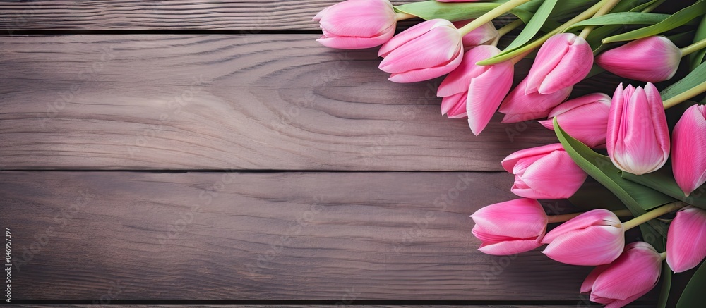 Fototapete pink tulips beautifully placed on an aged wooden backdrop, creating a charming and natural display. 