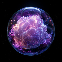 Obraz premium 3D Spectacular cosmic cloud explosion within transparent sphere with black background. Nebula and stars in space concept with purple neon. Abstract wallpaper and creative design, AI Generative.