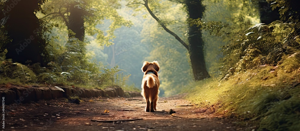 Poster Dog seen from behind walking on a path surrounded by trees and with copy space above