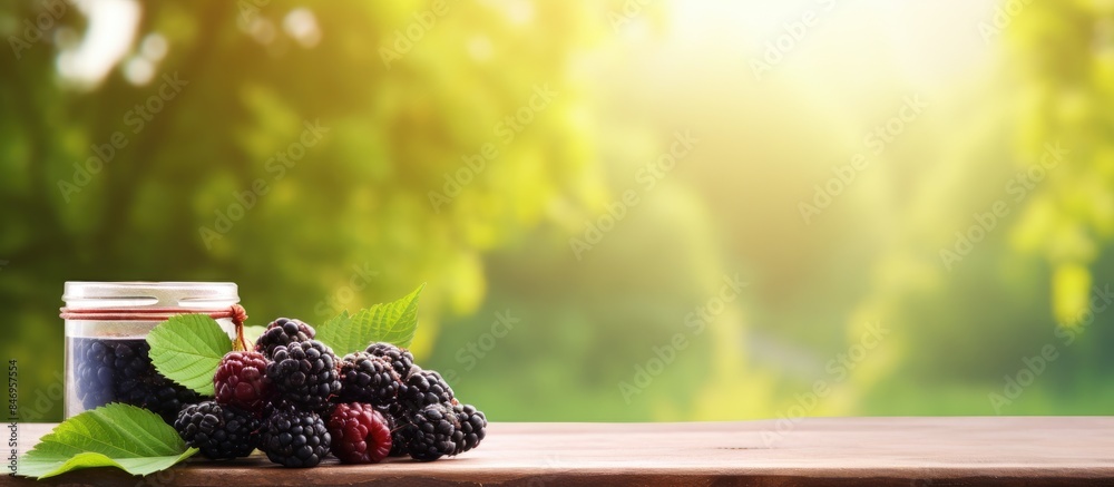 Leinwandbilder A close-up view of a glass jar filled with a variety of berries jam, placed on a rustic wooden table. with copy space image. Place for adding text or design