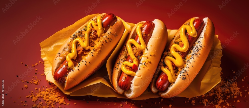 Aufkleber three hot dogs topped with mustard and ketchup on a vibrant red backdrop, two takeout red hot dogs a