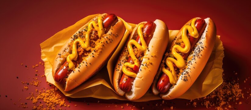 Three hot dogs topped with mustard and ketchup on a vibrant red backdrop, two takeout red hot dogs accompanied by mustard and potato chips. with copy space image. Place for adding text or design