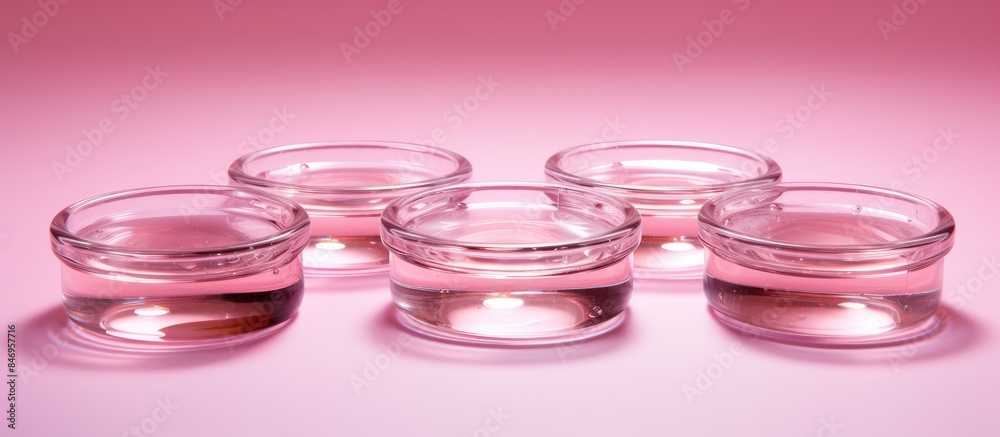 Poster Multiple shot glasses containing pink liquid are neatly arranged on a surface that matches their color. with copy space image. Place for adding text or design