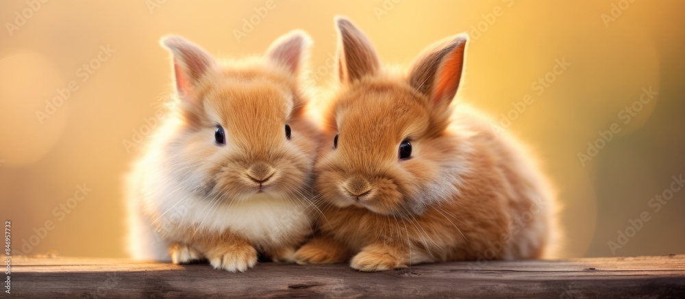 Poster fluffy, adorable rabbits, full of love, sit close together on a rustic wooden bench, exuding softnes