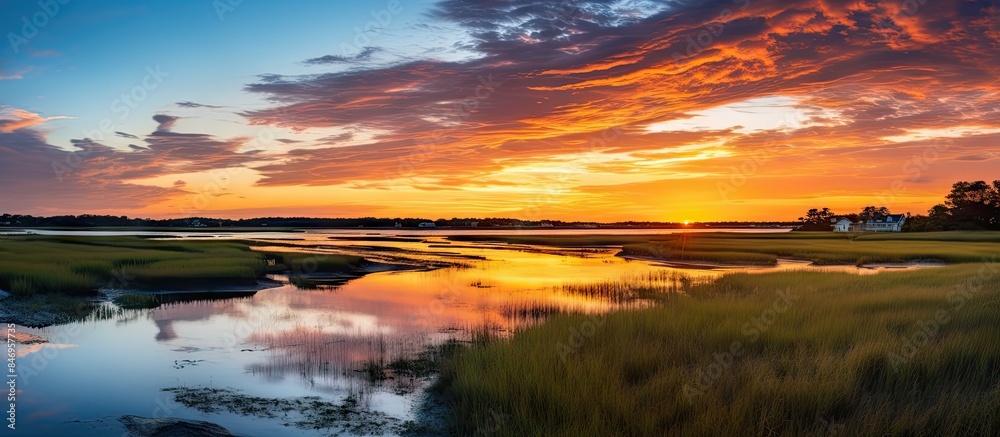 Poster house in the distance during sunset over the salt marsh. with copy space image. place for adding tex