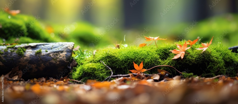Poster Moss and maple leaves carpet the ground in a forest during autumn, creating a vibrant natural carpet. with copy space image. Place for adding text or design
