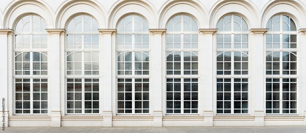 Aufkleber Facade of a building showing a series of windows and a bench in front. with copy space image. Place for adding text or design