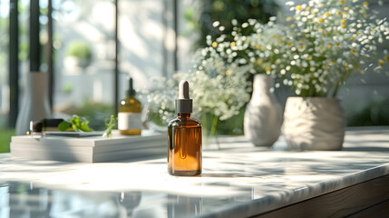 A dropper bottle sits on a marble table decorated with books. and a small white flower vase in an indoor background with natural light. There is a copy write area.