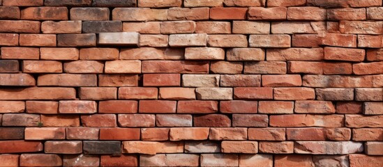 Obraz premium Close-up view of red brick wall construction work in progress, focusing on laying out the bricks intricately. with copy space image. Place for adding text or design