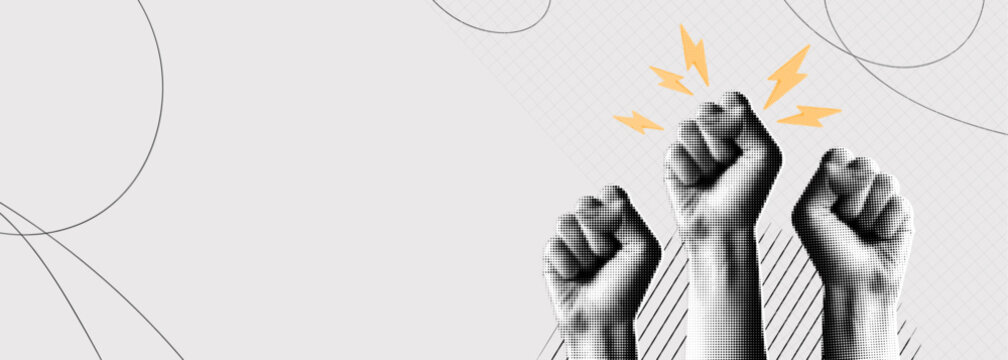 Trendy Halftone Collage Raised Fist up. Demonstration of protest. Fight for your rights. Girl power. Success and strength. Feminism concept. Magazine style. Contemporary vector art illustration
