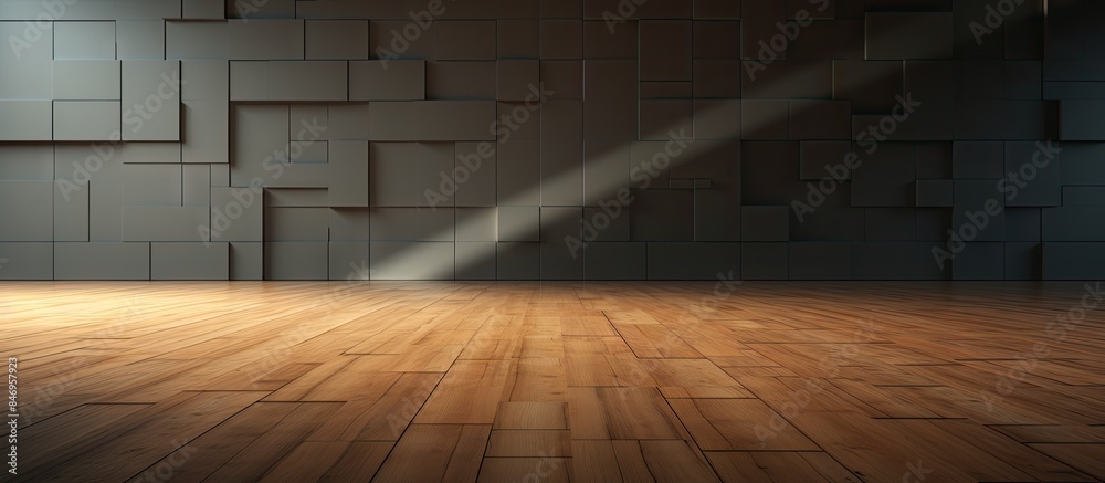 Poster Room featuring a wooden floor with a wall adorned with square patterns, and a Q&A block placed on the floor. with copy space image. Place for adding text or design