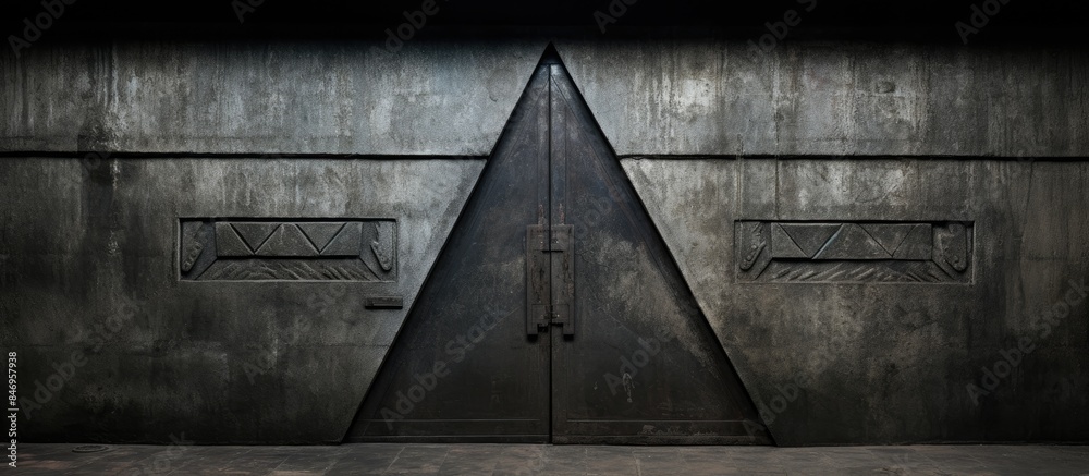Aufkleber an entrance to bunker 703 museum featuring a hermetic door marked with a triangle in a dimly lit roo