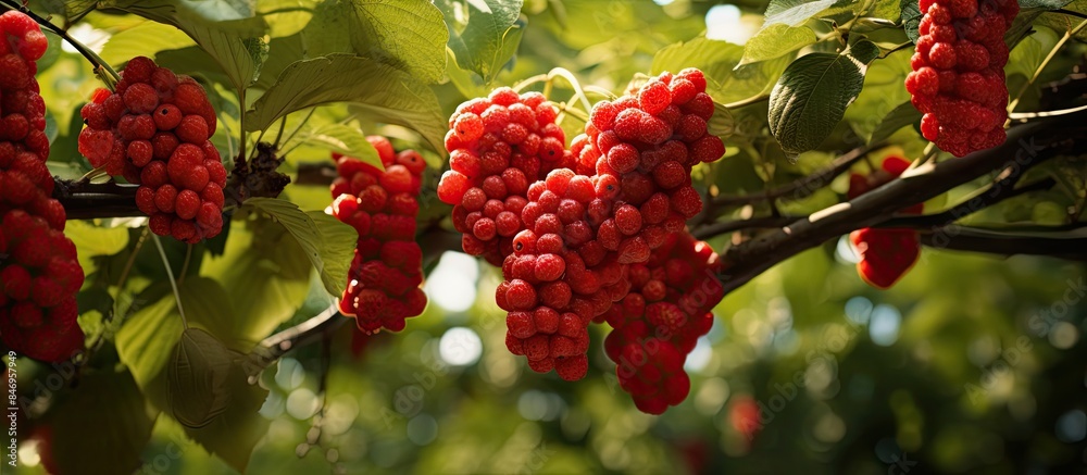 Aufkleber Clusters of mature red berries are seen ripening on the branches of a tree. with copy space image. Place for adding text or design