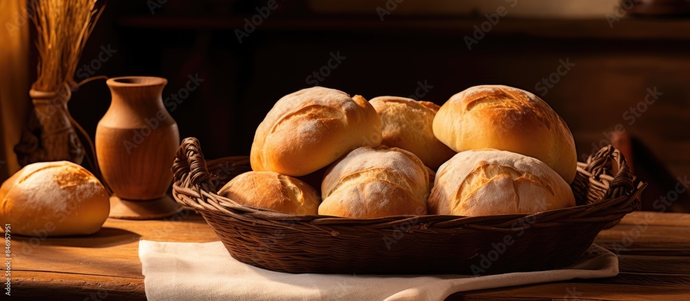 Aufkleber Traditional Portuguese bread varieties displayed on a wooden table in a rustic setting. with copy space image. Place for adding text or design