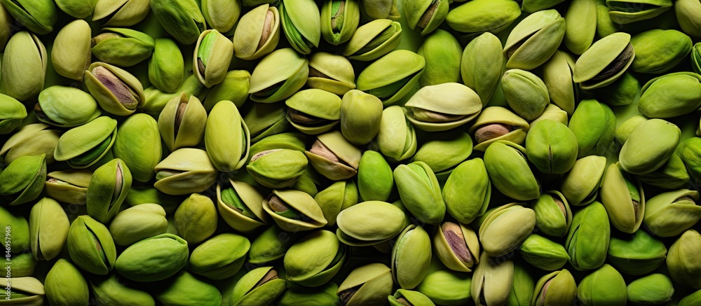 Poster Close-up view of a pile of green pistachios nuts against a food background. with copy space image. Place for adding text or design