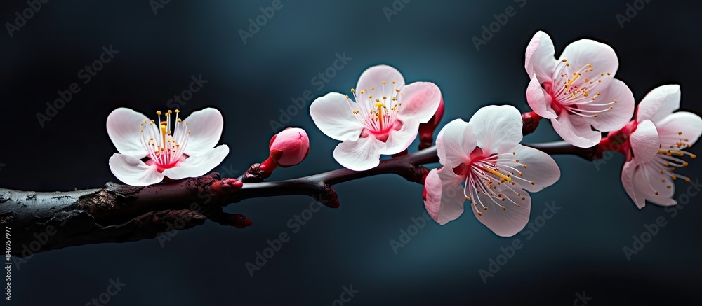 Aufkleber white blooming branch, showcasing a lovely plum flower in full bloom. with copy space image. place f