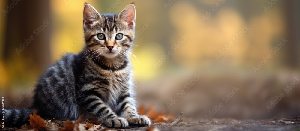 Poster domestic felis catus mammal peacefully sits in a pile of fallen autumn foliage. with copy space imag