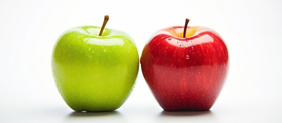 Two apples, one green and one red, placed side by side on a white background with shallow depth of field isolation. with copy space image. Place for adding text or design