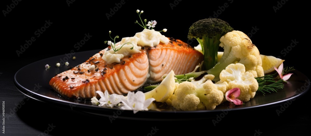 Aufkleber plate with fresh broccoli, cauliflower, and salmon steak. with copy space image. place for adding te