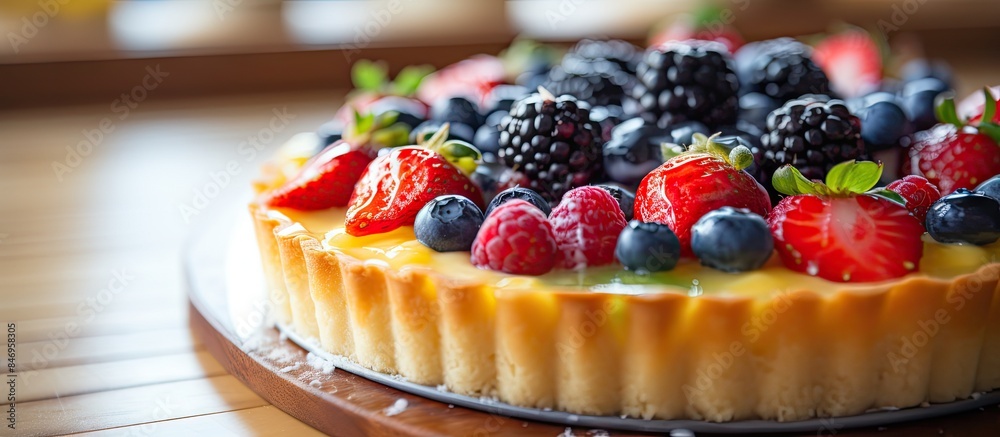 Fototapete homemade birthday cheese tart cake, with selective focus and noise effect, adorned with a mix of del