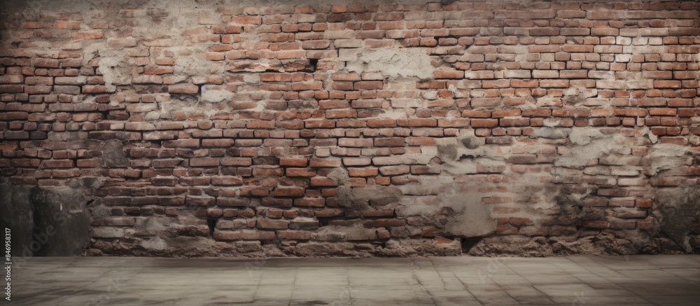 Poster weathered brick wall background with aged concrete floor, showcasing a vintage look and feel. with c
