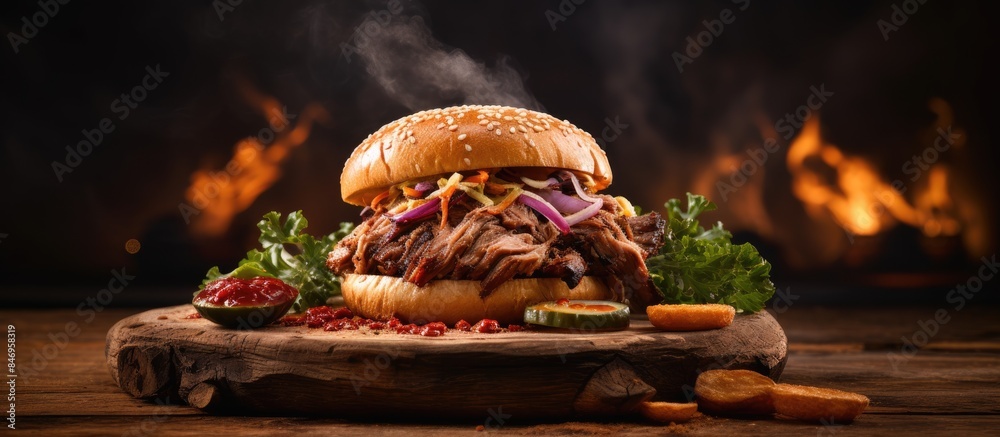 Leinwandbilder Delicious pulled pork sandwich served on a rustic wooden board with a side of colorful coleslaw and tangy pickles. with copy space image. Place for adding text or design