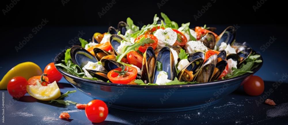 Poster Close-up shot capturing a bowl filled with delicious mussel and tomato salad topped with cheese. with copy space image. Place for adding text or design