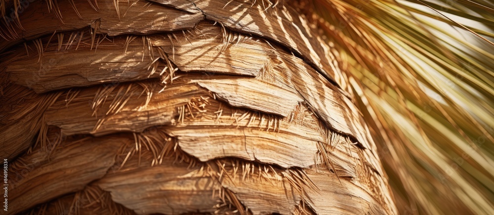 Poster Close-up view of a palm tree with a bird perched on it, showcasing the natural beauty and serenity of the scene. with copy space image. Place for adding text or design