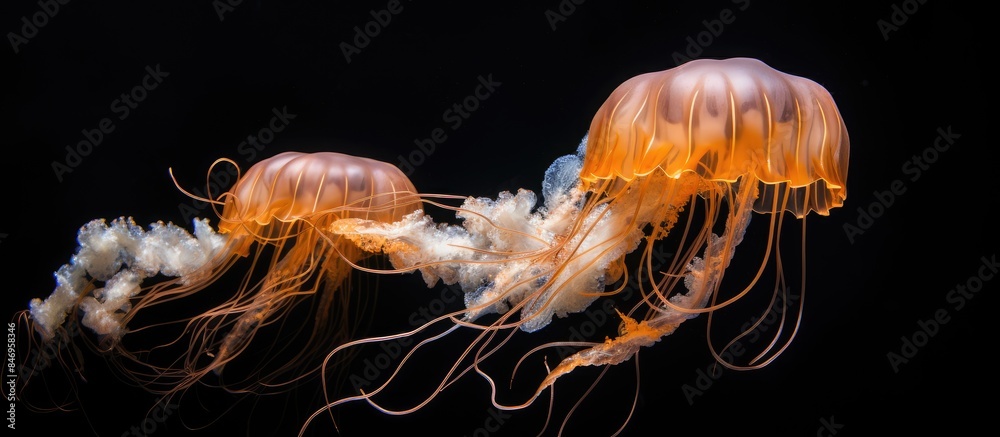 Poster Orange nettle jellyfish from the Monterey Bay Aquarium drifting in the water, displaying its extended tentacles. with copy space image. Place for adding text or design