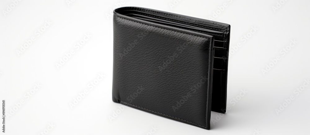Poster black leather wallet featuring a card holder on top, set against a plain white background. with copy
