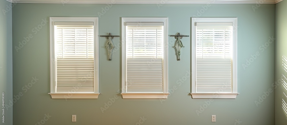 Poster Three windows in a room feature white shutters and new blinds, enhanced with freshly painted crown moulding on the walls and wooden floor. with copy space image. Place for adding text or design