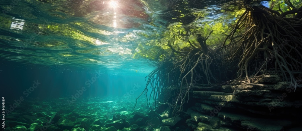 Poster Roots of a mangrove tree reaching out in water with lush foliage and a view from below the mangrove forest. with copy space image. Place for adding text or design