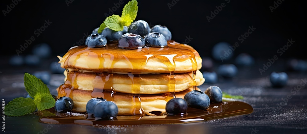 Fototapete delicious pancakes topped with fresh blueberries and drizzled with honey. with copy space image. pla