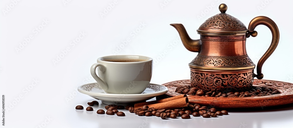 Poster turkish coffee pot and portable heater on white surface, cup of coffee on saucer nearby. with copy s