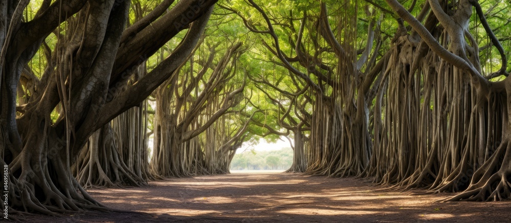 Fototapete Sacred fig trees with intertwined trunks creating a captivating tunnel effect on a dirt road. with copy space image. Place for adding text or design